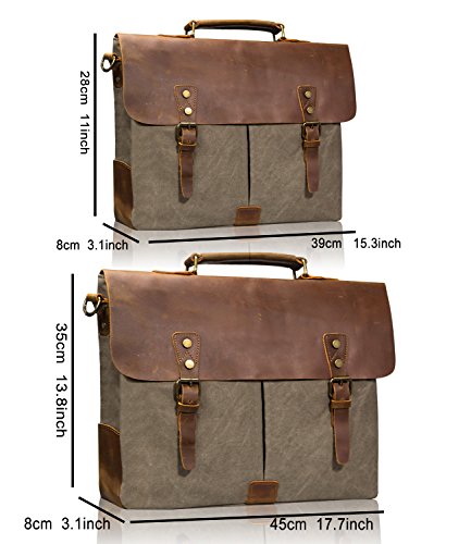 Estarer Vintage Leder Canvas Umhängetasche Laptop Tasche 15,6 Zoll Schultertasche Armee Grün - 6