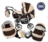 Baby Sportive Kamil, Kombikinderwagen set - incl. Kinderwagen mit Zubehör, Babyschale und Sportwagen Aufsatz. System mit RÄDER NICHT SCHWENKBAR. Reisesystem Farbe: Brown & Beige