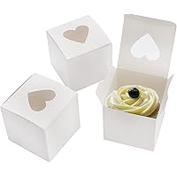 Suwimut 100 Pack Individual Cupcake Box with Heart Shaped Window, 3 Inch Mini White Small Single Paper Favor Bakery Candy Box