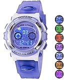 Kinder-Armbanduhr für Kinder, Jungen, Mädchen, LED, multifunktional, Sport, Outdoor, digitales Kleid, wasserdicht, Wecker, Violett