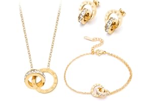 XIWCAFC Bijoux Ensemble de bijoux Parures Femme Romains Cercle collier en18K Plaqué Or Rose Collier Boucles d'oreilles Zircon Acier Inoxydable Bracelet réglable avec charme Soirée Cadeau