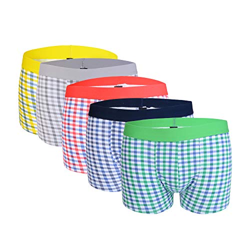 Litthing Lot de 5 Boxer Slip Shorts sous-Vêtement Homme Culottes Caleçon Respirable U Design Convexe Boxer Briefs Imprimé à Carreaux en Coton pour Hommes (1Rouge+1Jaune+1Gris+1Bleu+1Vert, L (67CM))