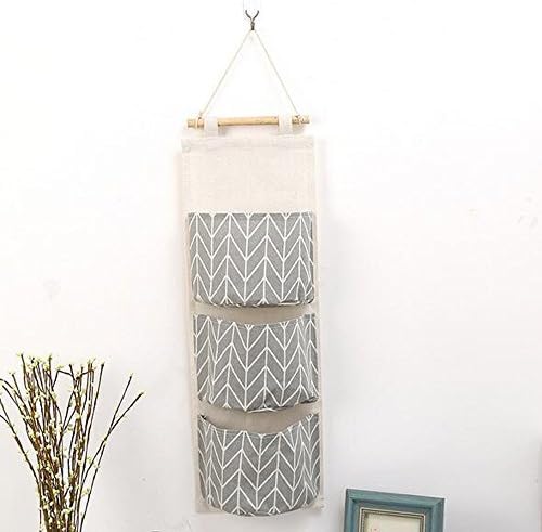 Over Door Hanging Organizer, Linen Farbric Wall Closet Storage Bag Case with 3 Pockets for Bedroom, Kitchen, Bathroom (Grey)