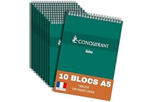 HAMELIN CONQUERANT lot de 10 Bloc-Notes Sténo A5 Uni 100 Pages Reliure Intégrale Couverture Carte Verte