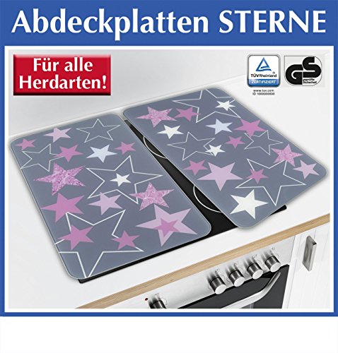 Wenko 2521485500 Herdabdeckplatte Universal Sterne für alle Herdarten, Gehärtetes Glas, 2-er Set, rosa, 52 x 30 x 5,5 cm