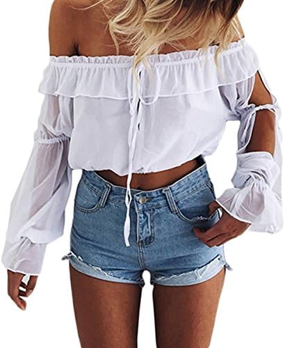 Tomayth Women stylish Long Sleeve Off the Shoulder Chiffon Short T Shirt Lacing Tops Solid Color Strapless Elegant Off Shoulder Speaker Sleeves Loose Shirts Tops (M, White)