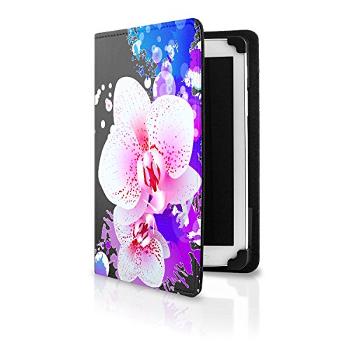 OOH!COLOR® Schwarz UNIVERSAL Tablet Tasche für jeden 10 Zoll Bildschirm Tablet mit NFL002 Orchidee Rosa Blume Motiv Hülle Kunstleder Muster Flip Case mit Standfunktion - 2