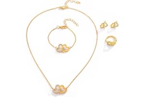 FDEETY 4 Pièces Parure de Bijoux Femme Double Cœur Cristal Pendentif Collier Bracelet Anneaux Boucles d'Oreilles Ensemble Cadeau pour Filles Mariage Fiançailles Fête