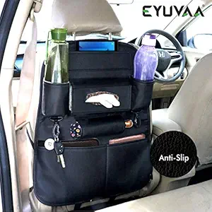 EYUVAA LABEL PU Leather Car Backseat Organizer for SUVs Van Multifunctional Car Back Seat Storage with Tissue Box, Tablet, Bottle, and Umbrella Holder Pockets (Black)
