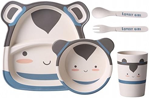 XHW Bamboo Fiber Children 'S Dinner Set Set Grid Cute Cartoon Rice Bowl Baby Eat Cutlery Separate Shatter-Resistant Plate,D