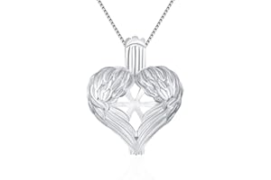 LGSY Sterling Silver Guardian Angel Wings Heart Pearl Cage Pendants for Women, Design Pearl Cage Pendants for Pearl Jewelry Making, Essential Oil Diffuser Lockets for Pearl Jewelry, Metal