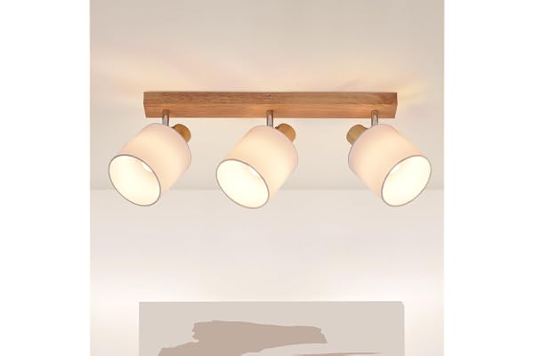 Glitzerlife LED Plafonnier 3 Spots Bois - Spots de Plafond E14 Orientables Luminaire Intérieurs Rétro Éclairage de Plafond Tissu pour Salon Chamre Cuisine Salle à manger Max. 25 W (Sans Ampoule)