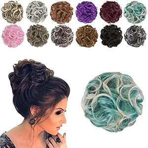 ELAINE Hair Buns Hair Piece Messy Tousled Wavy Curly Scrunchies Wrap Ponytail Extensions with Elastic Rubber Band Synthetic Donut Updo Hairpieces for Women Girls (Turquoise Tip Blonde)