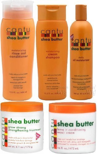 Cantu, Set da 5 pezzi al burro di karité (shampoo, balsamo, trattamento rafforzante per la crescita, olio idratante e balsamo senza risciacquo)