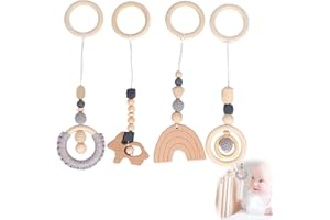 FENYW 4 Pezzi Giocattoli in Legno da Palestra, Giocattoli Appesi per Palestra in Legno, Giocattoli Pendenti in Legno per bambini da 0 a 6 mesi e anziani, regalo per neonati(grigio)