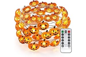 PhilzOps Łańcuch świetlny z dynią, 4 m, 40 diod LED, na baterie, do wewnątrz, na zewnątrz, dekoracja Jack-O-latarnia, oświetlenie z pilotem zdalnego sterowania, timer, do pokoju, na jesień, Boże