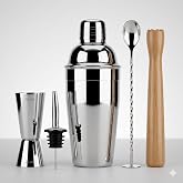 Paslanmaz &Ccedil;elik Kokteyl Shaker Seti, Jigger, Bar Kaşığı, Ahşap Muddler ve Şişe D&ouml;k&uuml;c&uuml; ile, G&uuml;m&uuml;ş 350 cl