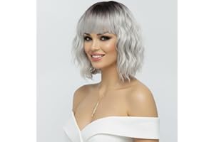 ‎SIMKAYLEE SIMKAYLEE Kurze Wellen Silber Grauer Bob Perücke mit Pony für Frauen Locken Schulterlange Perücke Damen Grau Oma mit Dunkler Ansatz für Alltag Karneval Fasching Motto Party Halloween Cosplay (36 cm)