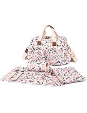 Miss Lulu 4-teilige Windel Wickeltasche Set Mit Blumen+Vögel Drucken Große Babytasche Henkeltasche Schutertasche...