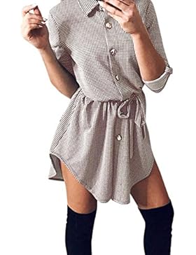 Longra Damen Kariertes Kleid Langarmshirt Hemdkleid Shirtkleid Blusenkleid Karo Kleid Mit Gürtel Damen Langarm...