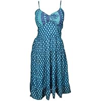 Mogul Interior Elina Womens Beach Dress Speghetti Strap Recycled Sari Vintage Printed Flare Resort Fashion Sundress S/M Red,Green