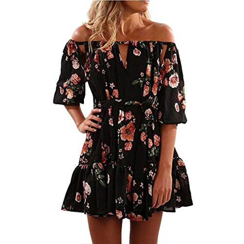 Preisvergleich Produktbild kleid damen Kolylong ® Frauen V-Ausschnitt elegantes trägerloses bedrucktes Kleid Minikleid Sommer rückenfreies Kleid Partykleid Strandkleid Abendkleid Sommerkleid (M, Schwarz)