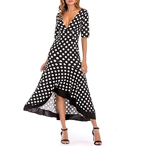 YYINHUI Robe Femme Sexy bohme col v Vintage Cocktail Imprim Floral Maxi Chic Manches Courtes Longues Été Robes de Plage Irrégulière Pois Jupe Mode Style Longue Robes Black-XL