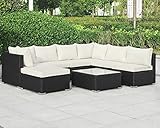 Polyrattan in Schwarz und Bezüge in Cremeweiß, Lieferumfang und Maße (T x B x H): 1 x Doppelsofa mit Lehne links: 75 x 140 x 65 cm, 1 x Doppelsofa mit Lehne rechts: 75 x 140 x 65 cm, 2 x Mittelsofa: 75 x 75 x 65 cm, 1 x Hocker: 75 x 75 x 31/39 cm, 1 x Tisch: 75 x 75 x 31 cm.