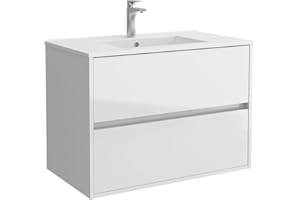 SALGAR Conjunto Mueble baño 80 cm con Lavabo 100% montado de fábrica | Modelo Noja color Blanco lacado Brillo suspendido 2 cajones cierre amortiguado Tiradores tipo uñero con Lavabo porcelana blanca