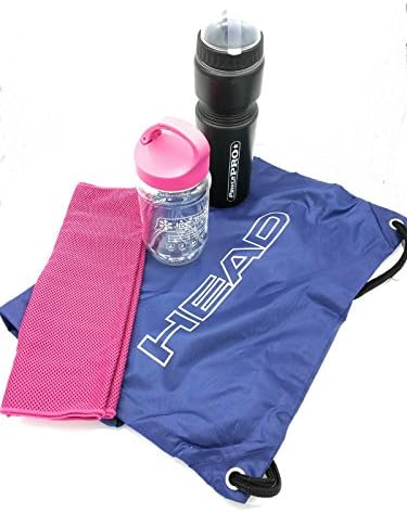 Ladies Gym Accessories bundle containing Gym Drinks Bottle (1) Gym Sack Ladies (1) and cooling towel or workout towel (1)