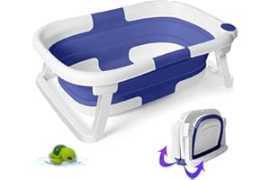 EzyWay Foldable Baby Bath Tub with Free Baby Bath Toy, Temperature Sensing Drain Plug, Bultin Anti-Slip Support Collapsible Tub for Infant Toddler Kids (Blue)