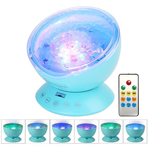 Preisvergleich Produktbild Umiwe Ozean Nachtlicht Projektor Ozeanwellen Meer Fernbedienung Nachttischlampe mit Eingebautem Mini Musik Player [12 LED Beads, 7 Bunte Licht Modi, TF Steckplatz] für Kinder Erwachsene Schlafzimmer Wohnzimmer