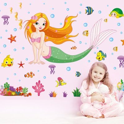 GOUZI Cartoon Children's room nursery school class rooms are small animals 2-sided glass painting, The Little Mermaid, Large Removable wall sticker For Bedroom Living Room Background Wall Bathroom Study Barber Shop