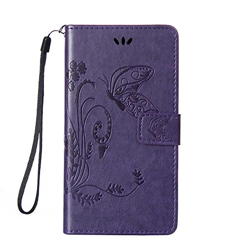 pinlu Funda para Samsung Galaxy Grand Neo Plus/Grand Neo (i9060) Función de Plegado Flip Wallet Case Cover Carcasa Piel PU Billetera Soporte con Mariposa Grass Púrpura