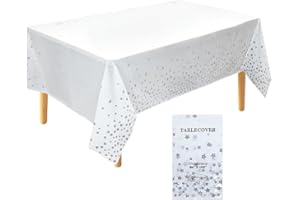 ADQUATOR 1pcs 137x274cm Silver Star White Plastic Tablecloth,Confetti Table Cover Rectangular Party Table Cover for Picnic, Baby Shower, Halloween, Christmas Decorations