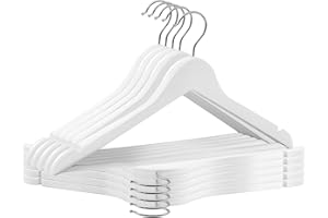 ABHENG Kleiderbügel Holz 10 Stück, Holzbügel mit Rutschfester Hosensteg und 360° drehbarer Haken, Einkerbungen im Schulterbereich, Hergestellt aus Naturholz, 44,5B x 23H cm, Weiß + Silbern,AWY0310W