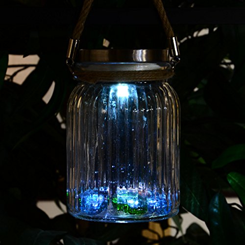 3er Set Solarglas mit 3 LED Solar weiß mit Aufhänger Glas Gartenbeleuchtung Ø 11cm, Höhe 15,5 cm Party Garten Licht für Außen mit Solarpanel Sonnen Engerie im Glas Solarlampe Beleuchtung - 6