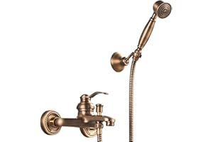 HomeLava Robinet de baignoire et douche avec Douchette Robinet de Bain en laiton rétro 2 trous 2 poignées, Montage Mural Mitigeur de Douche