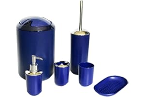 Keraiz 6 Pieces | Bathroom Accessories Set | Plastic Bathroom Accessories | Toothbrush Holder, Rinse Cup, Soap Dish, Hand Sanitizer Bottle, Waste Bin, Toilet Brush with Holder | Dark Blue - M 17