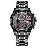 CADISEN Herren Armbanduhr Chronograph Kalender Quarz Wasserdicht Militär Schwarzes mit Edelstahl Armband Rot C9054MNNE