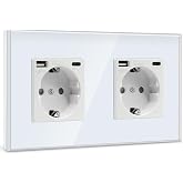 BSEED Double USB Wall Socket (Max. 2.1A) with Type C Port, White Schuko Socket, Power Socket with 2 x USB Chargers and Type C