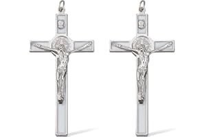 DICOSMETIC 2Pcs 10.6x5.35cm Small Alloy Wall Cross White Enamel Crucifix Saint Benedict Wall Crosses Jesus Christ Crucifix Catholic Christian Cross Decor Easter Gifts for Women Men