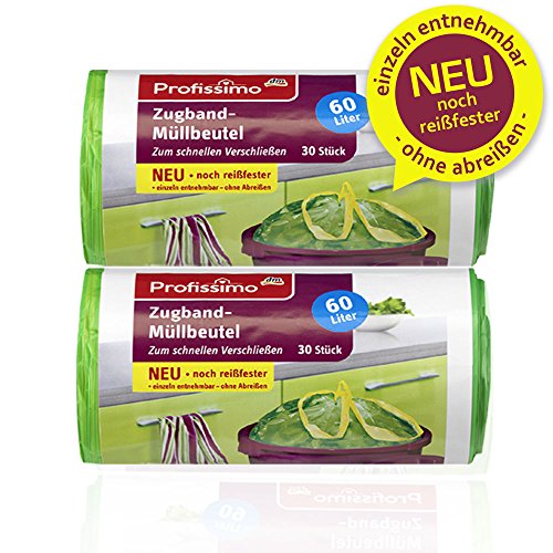 Zugband Müllbeutel – 60 Liter – Reißfest & Flüssigkeitsdicht – 60 Stück (2 x 30 Stück) – Einfach einzeln entnehmbar ohne abreißen - 3