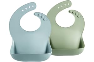 PandaEar 2 Stück Silikon Lätzchen für Babys & Kleinkinder Fütterung, Baby Fütterlätzchen BPA-Frei Abwaschbar Wasserdicht Babylätzchen mit Auffangschale 4 Verstellbaren Tasten, Weich, Unisex| Blau Grün