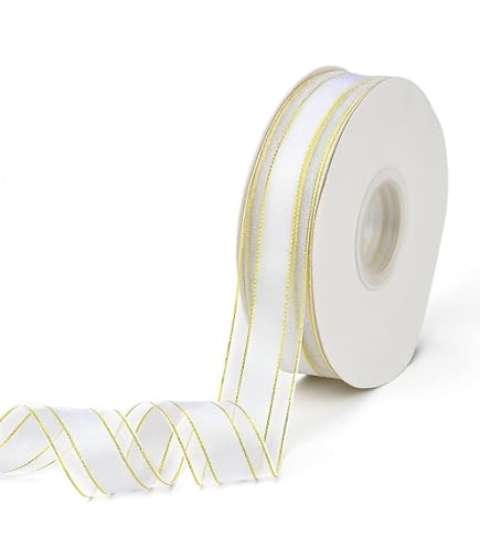Bomboniere Prima Comunione QUARKZMAN Nastro Di Raso Bianco Con Bordo Dorato - 1/4 Pollice X 50 Iarde - Per Regali E Matrimoni Nastro Bordo Dorato - 9