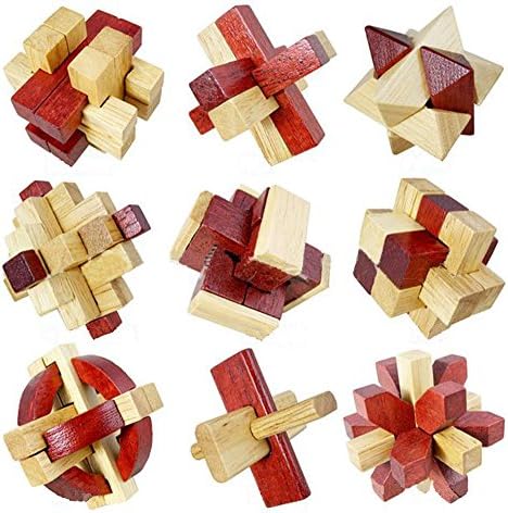 Littlefun 3D Wooden Magic Cube Brain Teaser Puzzles Rubik Chinese Interlocked Lock Block Intelligence Travel Toys Adults and Children Leisure Games (9-Pieces Set)