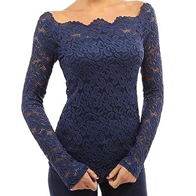 JLTPH Epaule Nue Ete T-shirt JLTPH Femme Sexy T-shirt Floral en Dentelle Manches Longues Elégant Tops Blouses Shirt Off Épaules Chemisiers Slim Haut