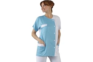 Hurry Jump Label blouse Tunique médicale Col rond 3 poches manches courtes Piqué aspect cotelé moderneCouleurs Blanc Pressions inoxydables Lavage Machine 90 degrés ou industriel