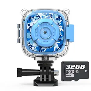 AKAMATE Kids Action Camera Waterproof Video Digital Children Cam 1080P HD Sports Camera Camcorder for Boys Girls, Build-in 3 Games, 32GB SD Card (Blue)