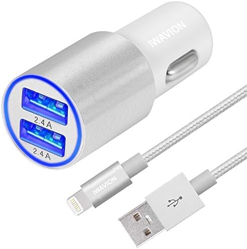 IWAVION Car Charger (4.8A/24W 2 Smart Port) with 3ft Nylon Braided Lightning Cable for Apple iPhone 7/7 Plus/6/6S Plus 5S 5 5C 4S, iPad Air/Pro/Mini, iPod, Samsung Galaxy S7 S6 Edge/Note (Silver)